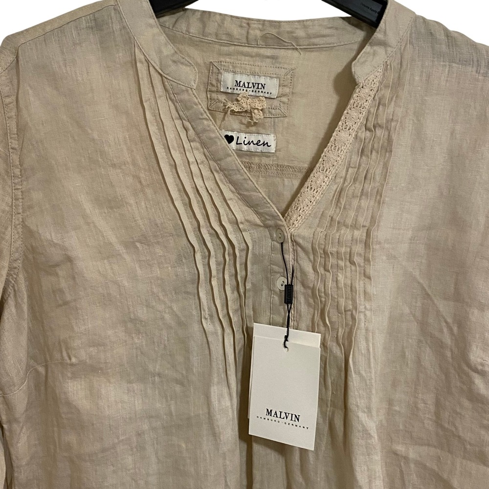 Malvin Linen Lagenlook Blouse Womens XL Beige Pintuck Lace Henley 3/4 Sleeve - Picture 3 of 7